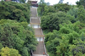 Long staircase up to temple in China's tea region.