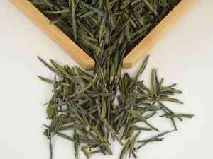 Dry leaves of Lu An Gua Pian green tea rolled into its distinctive cylinder shape.