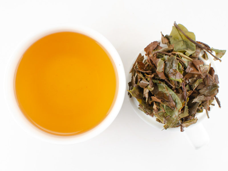 Cupped infusion of Shou Mei (Longevity Eyebrow) white tea and strained leaves.