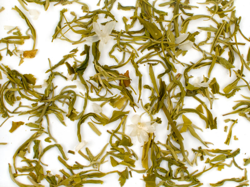 Bi Tan Piao Xue (Snow Drop Jasmine) wet tea leaves floating in clear water.