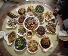 a large lunch put together for all the people working in the Mengding tea gardens and factory