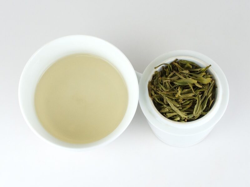 Huangshan Maofeng (Yellow Mountain) green tea and strained leaves.