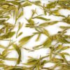 Huangshan Maofeng (Yellow Mountain) green tea leaves floating in clear water.
