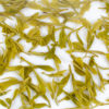 Guzhu Zisun (Purple Bamboo Shoot) wet tea leaves floating in clear water.