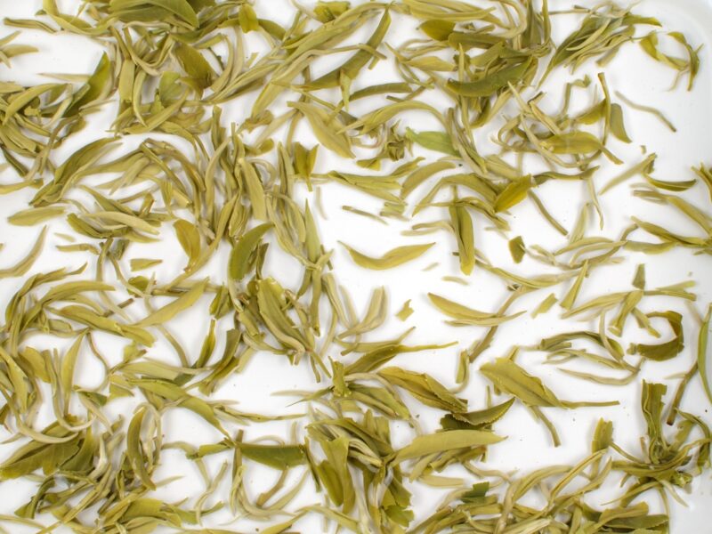 Mengding Ganlu (Sweet Dew) green tea leaves floating in clear water.