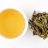 Cupped infusion of Bai Mudan (White Peony) white tea and strained leaves.