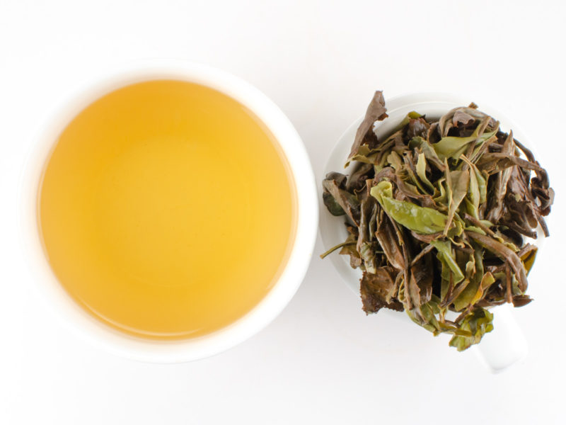 Cupped infusion of Bai Mudan (White Peony) white tea and strained leaves.