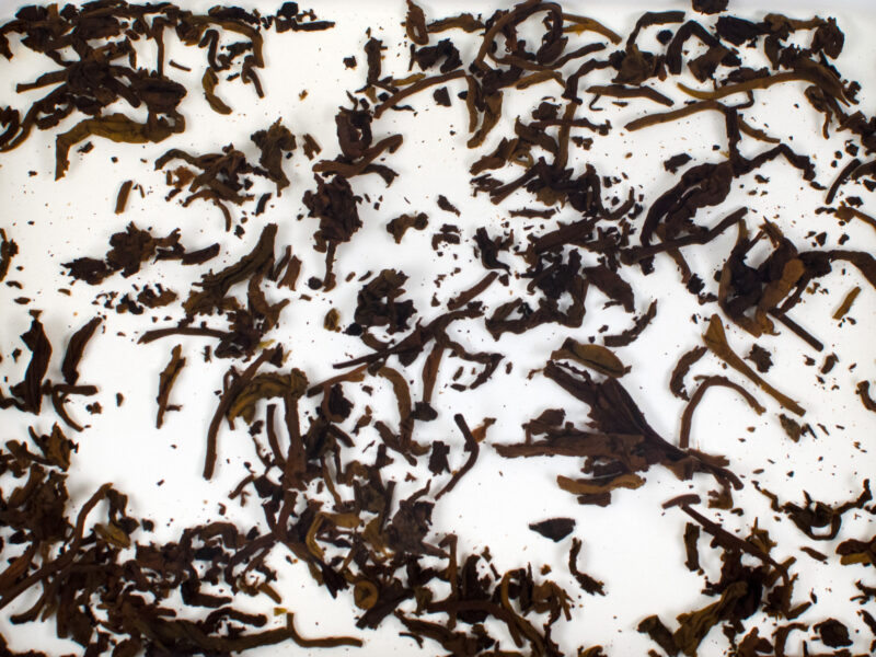 Shu Longzhu (Sweet Dragon Ball) wet tea leaves floating in clear water.