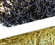Side by side comparison of the dry leaves of Shi Feng Long Jing (Shi Feng Dragon Well) when made into a black and a green tea.