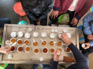 A group of people around a table with a dozen teas set out for tasting.