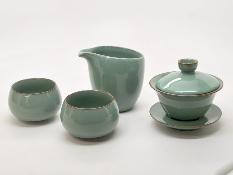 Matching Official Kiln plum green gaiwan set with pitcher and two cups