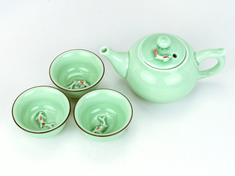 Longquan Koi Fish Celadon Teapot with matching cups