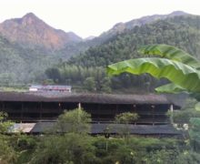 A long dark building with two floors set into the forested mountains of Tongmu Village.