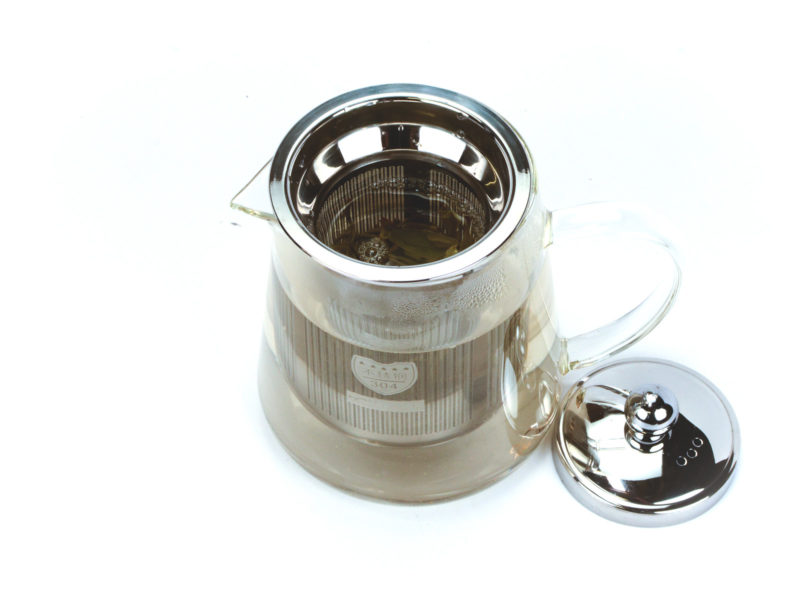 Conical Glass Teapot with Steel Strainer with lid removed