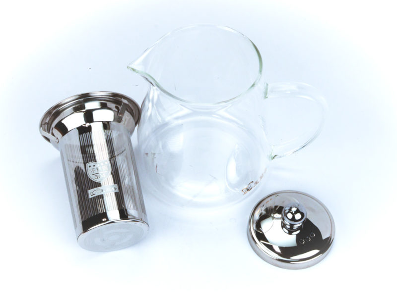 Conical Glass Teapot with Steel Strainer disassembled to show strainer