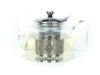 Ear Handle Glass Teapot with Steel Strainer side view