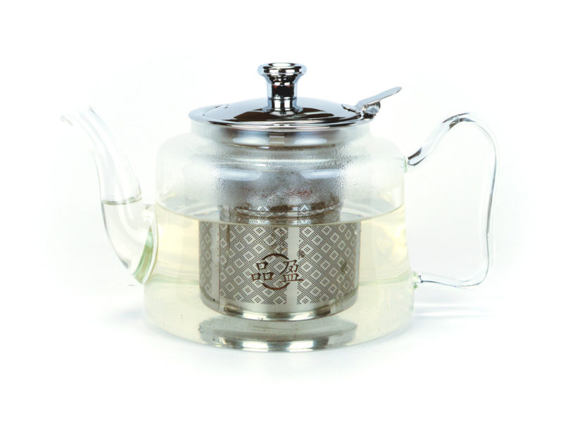 Ear Handle Glass Teapot with Steel Strainer side view