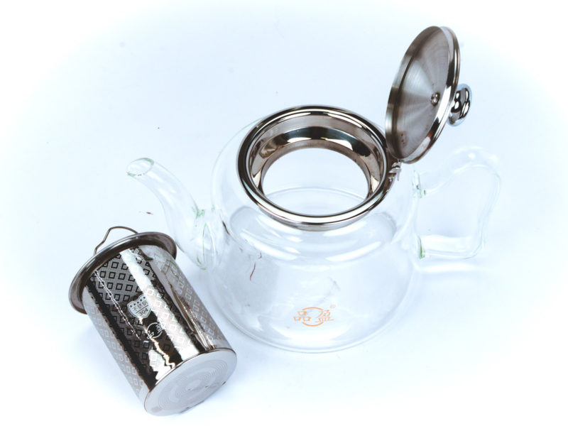 Ear Handle Glass Teapot with Steel Strainer disassembled