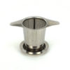 Stainless steel strainer resting in saucer.