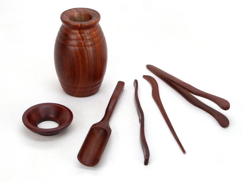 The five tools included in rosewood drum tea utensil set.