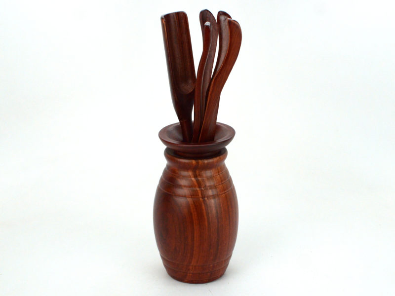 Rosewood drum tea utensil set in vase.