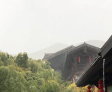 A hazy sky above bamboo forest and dark buildings with water running out the gutters, being drenched in pouring rain.