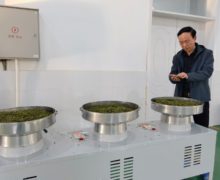 A man taking notes over three small round metal trays of tea attached to a machine.