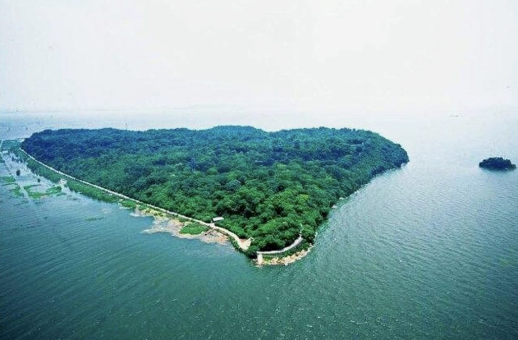 A roughly triangular island in a large blue-green lake, verdant with forest cover.