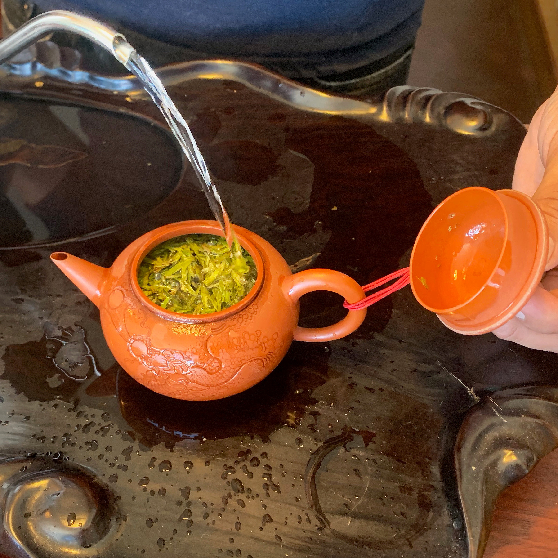 Water pouring from the spout of a kettle into a small red clay tea pot full of green tea leaves. A person's hand holds the lid of the pot open.