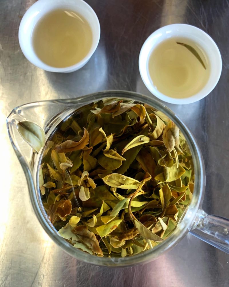 Looking directly down into a glass pitcher full of brewing leaves, sitting on a stainless steel surface next to two small white cups of tea.