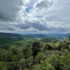 A sweeping mountaintop view of the forested mountains of Jinggu in Yunnan with bright sunlit clouds overhead. 2021.