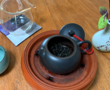 An open black yixing teapot filled with dry rock wulong tea leaves, set on a tray and surrounded by a pitcher, cup, and vase with a small plant.
