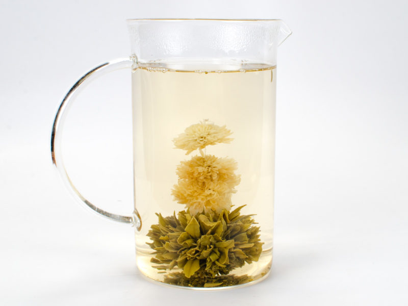 Chrysanthemum Green Blooming Tea open and floating in a small glass pitcher