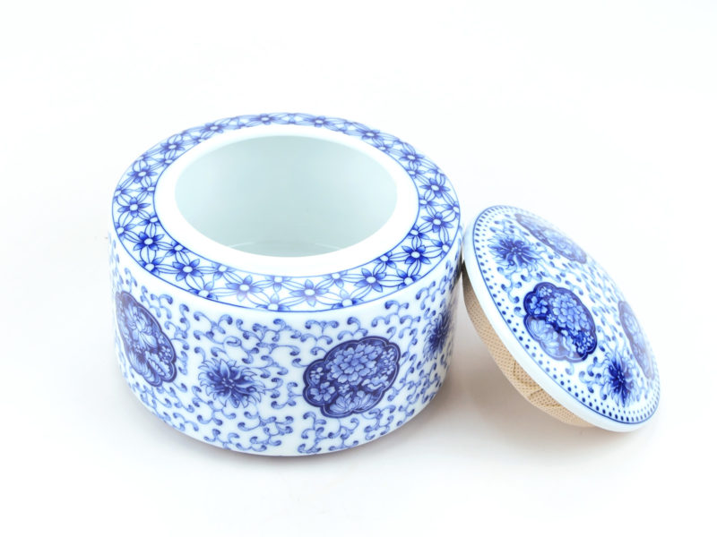 Blue Flower Porcelain Tea Caddy with lid open.
