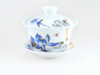 A Large Gaiwan with Bluebird and Lotus viewed from the side.