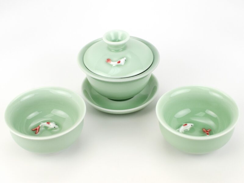 Longquan Kiln Koi Fish Celadon Gaiwan with two teacups