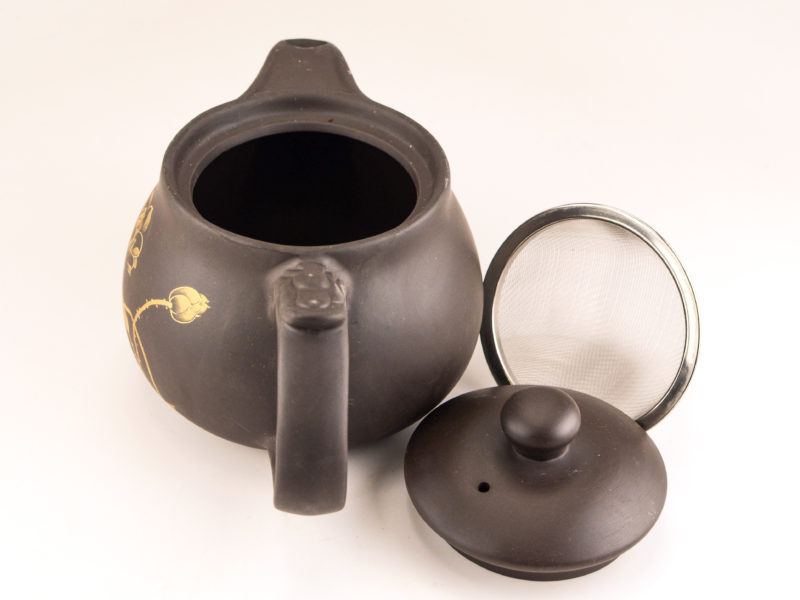 Golden Lotus Yixing Teapot open with strainer removed.