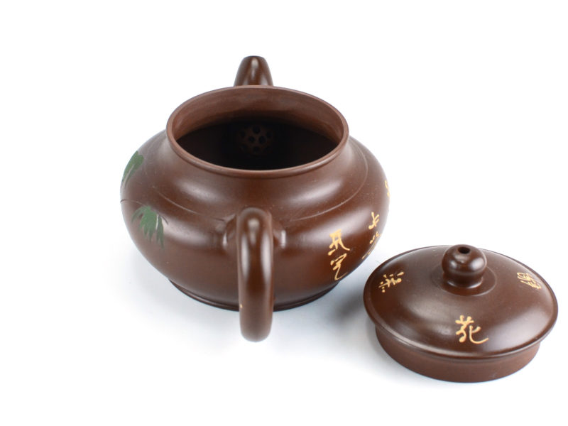 Bamboo Painted Yixing Teapot with lid removed to show the strainer bulb behind the spout.