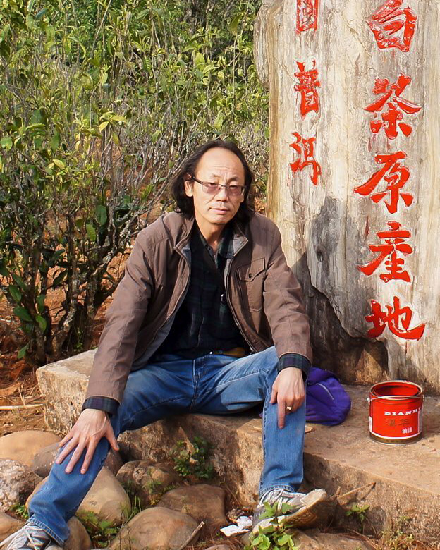 A man lounging next to a stone monument surrounded by tea bushes.