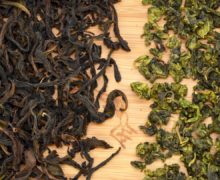 Close view of two dry wulong teas, one with long dark twisted leaves and one with compact green ones.
