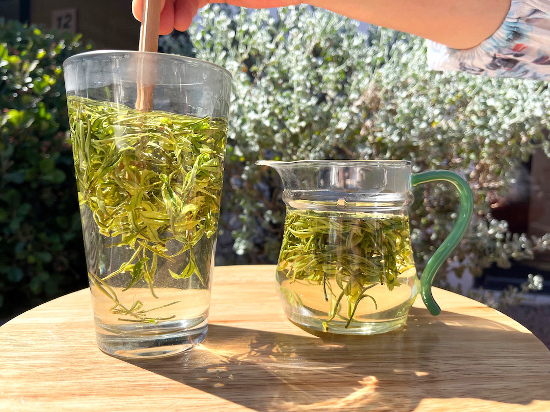  tall pint glass and a short glass pitcher full of brewing pale green tea leaves in bright sunlight, set on a wooden stool in front of vegetation. An arm reaches into frame to stir the leaves in the pint glass into a swirl with a pair of small wooden tea tongs.
