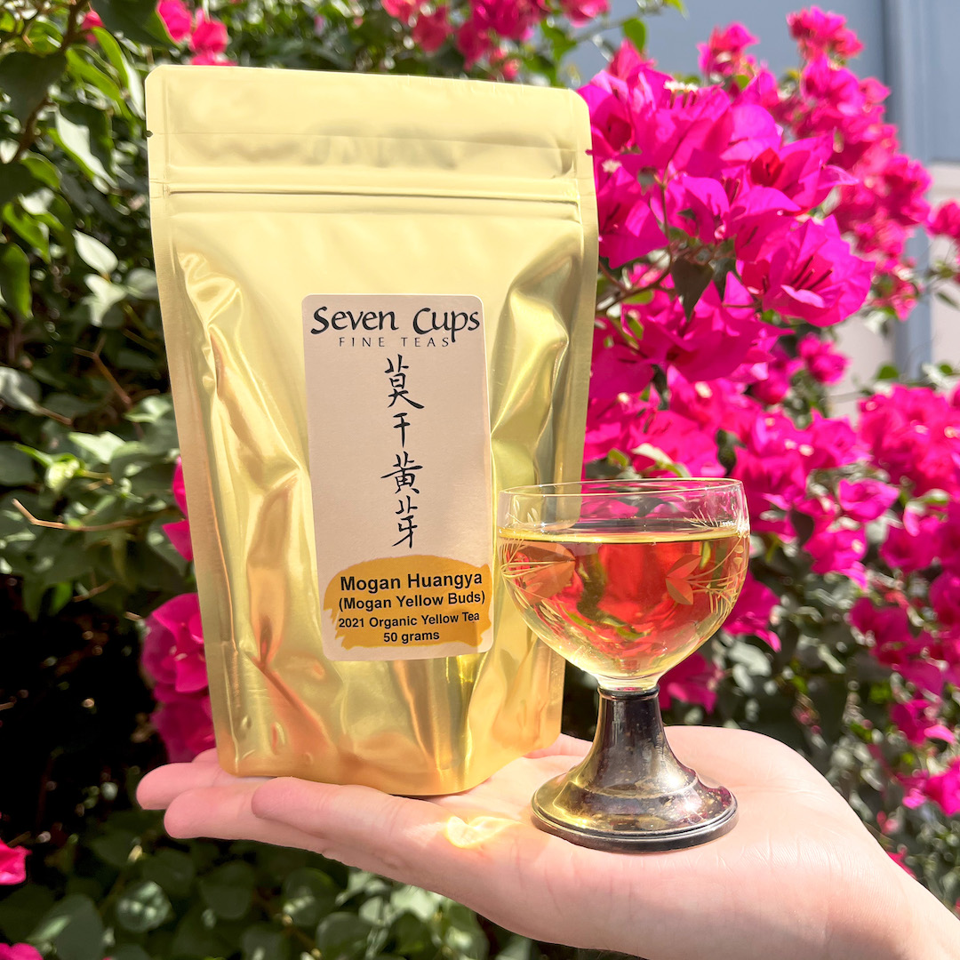 A gold foil bag of Mogan Huangya yellow tea and a small stemmed glass of cold brew held in a flat palm before bright pink bougainvilleas.