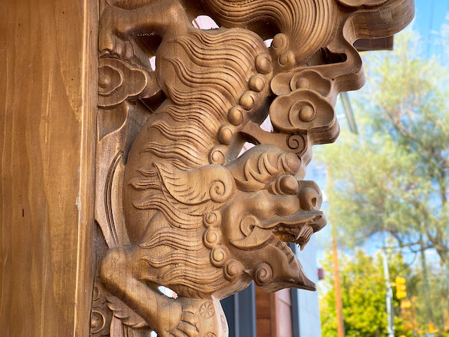 Some of the stunning wood carvings at the new teahouse.