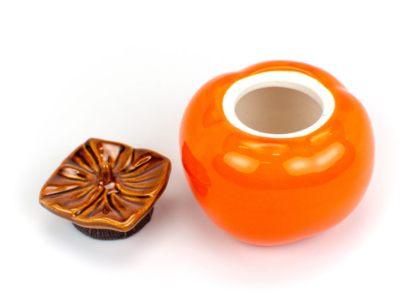 Small Persimmon Tea Caddy with lid open.