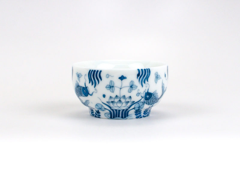 Blue and White Porcelain Fish Teacup side view of lotus