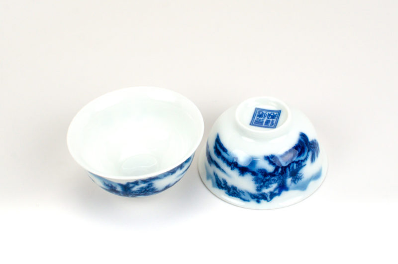 Small Wide Mouth Porcelain Landscape Teacups view of base