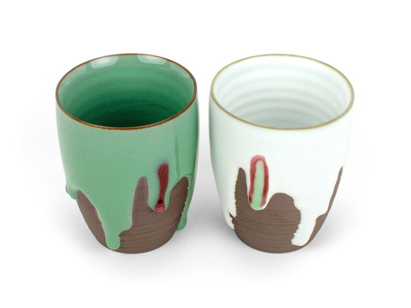 Ge Kiln Tall Green Drip Glaze Ceramic Teacup and Ru Kiln Tall White Drip Glaze Ceramic Teacup