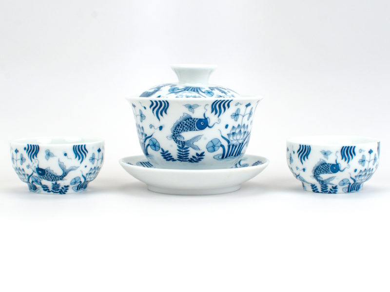 Blue and White Porcelain Fish Teacups and Gaiwan