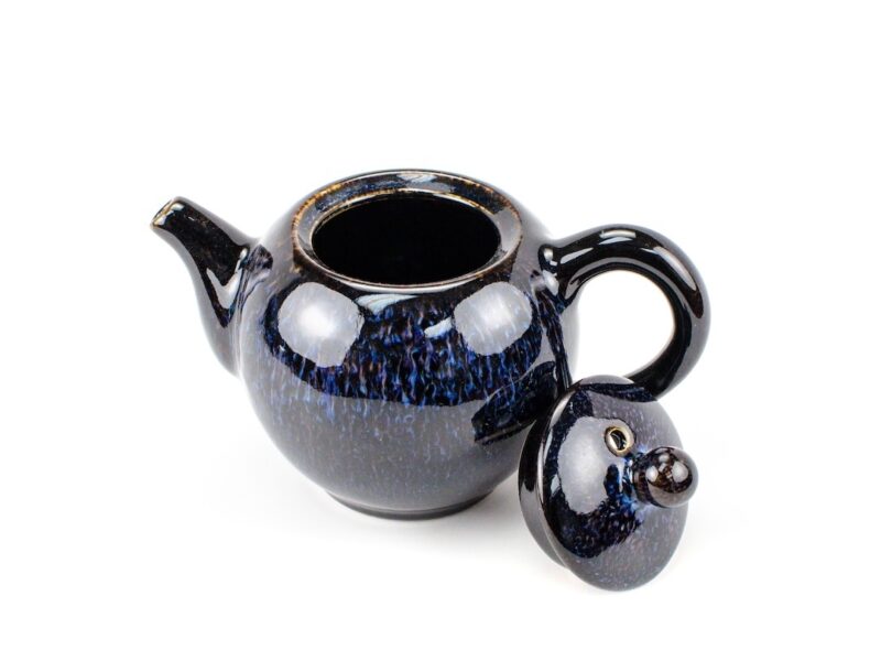 Jun Kiln Round Blue Ceramic Teapot with lid open