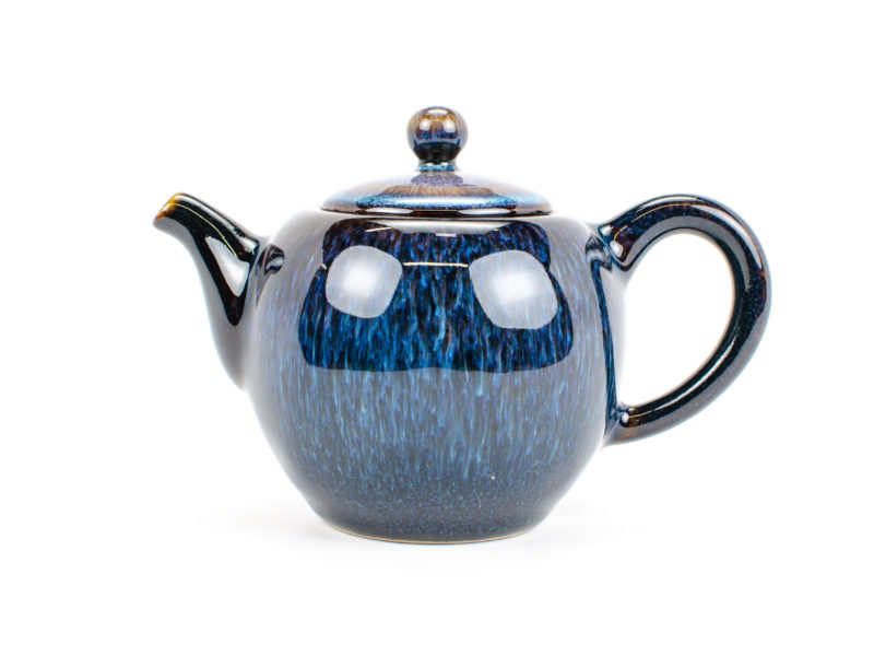 Jun Kiln Round Blue Ceramic Teapot side view.